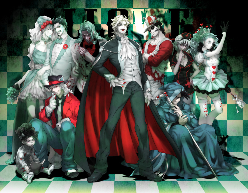 aqua_dress aqua_hair black_hair blonde_hair blood blood_on_face bloody_clothes boingo bow bowtie breasts bridal_veil cape checkered checkered_floor cleavage cosplay crossdressing crossed_arms crown daniel_d'arby dio_brando dracula dracula_(cosplay) dress eyes_closed facial_hair facial_tattoo fangs flower formal frankenstein's_monster frankenstein's_monster_(cosplay) halloween hand_on_hip hat head_wreath highres hol_horse jojo_no_kimyou_na_bouken kakipiinu locked_arms long_hair mariah medium_breasts medium_hair midler mustache n'doul nail_polish necktie nurse oingo open_mouth pale_skin red_eyes red_nails robe rose short_hair smile squatting staff stardust_crusaders suit tattoo terence_trent_d'arby thighhighs tuxedo vampire vanilla_ice veil wedding_dress white_hair white_skin