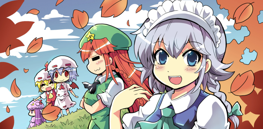5girls ascot autumn autumn_leaves bangs bat_wings beret blonde_hair blue_eyes blue_sky blunt_bangs bow braid breast_hold breasts chibi circle_cut cloud colonel_aki commentary_request crossed_arms eyebrows_visible_through_hair eyes_closed falling_leaves flandre_scarlet hair_between_eyes hair_bow hand_up hat hong_meiling izayoi_sakuya lavender_hair leaf long_hair maid maid_headdress mob_cap multiple_girls open_mouth outstretched_arms patchouli_knowledge purple_hair red_eyes red_hair remilia_scarlet short_sleeves silver_hair sitting skirt sky smile spread_arms standing star touhou twin_braids wings