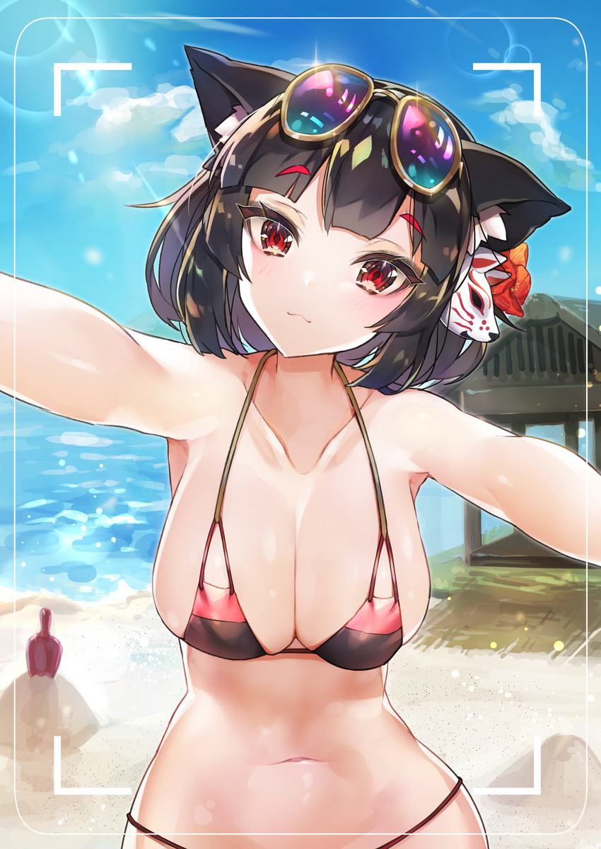 :3 absurdres animal_ears armpits azur_lane bangs bare_shoulders beach bikini black_bikini black_hair blue_sky blunt_bangs blush breasts building camera cat_ears cleavage closed_mouth cloud collarbone commentary_request day eyebrows_visible_through_hair eyelashes eyewear_on_head flower fox_mask glint hair_flower hair_ornament head_tilt highres large_breasts lens_flare light_rays looking_at_viewer mask mask_on_head navel ocean outdoors outstretched_arms pink_bikini red_eyes red_flower sand sand_sculpture shiny shiny_skin shore short_hair shovel sky smile solo standing stomach sun_glare sunbeam sunglasses sunlight swimsuit trowel upper_body viewfinder water yamashiro_(azur_lane) yayoichi_(yoruyoru108) yellow-framed_eyewear