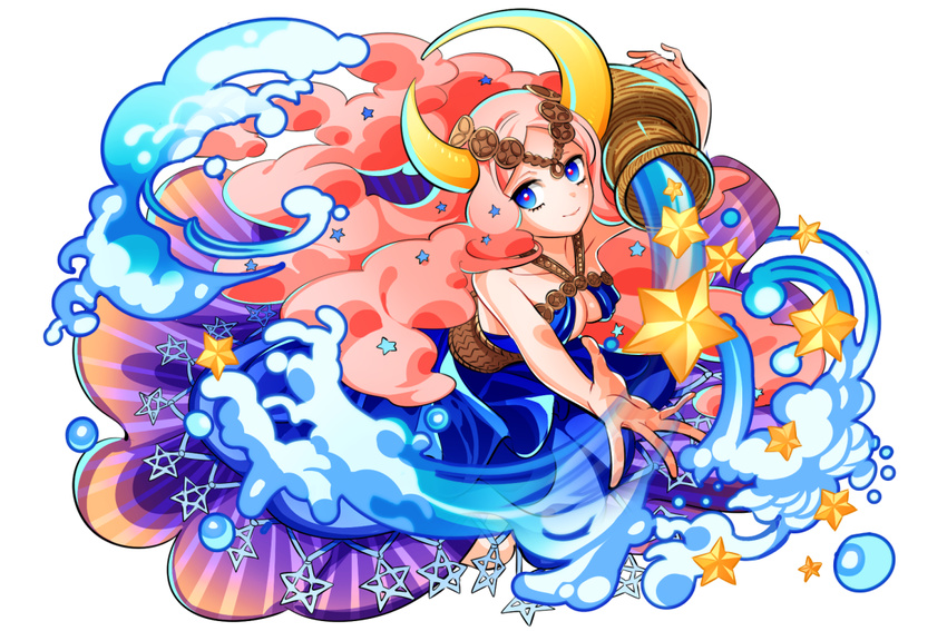 asymmetrical_horns bare_shoulders blue_eyes blue_skirt breasts cleavage criac dragon_egg floating_hair hair_ornament jug long_hair looking_at_viewer medium_breasts outstretched_hand pink_hair pink_pupils pitcher skirt solo star water