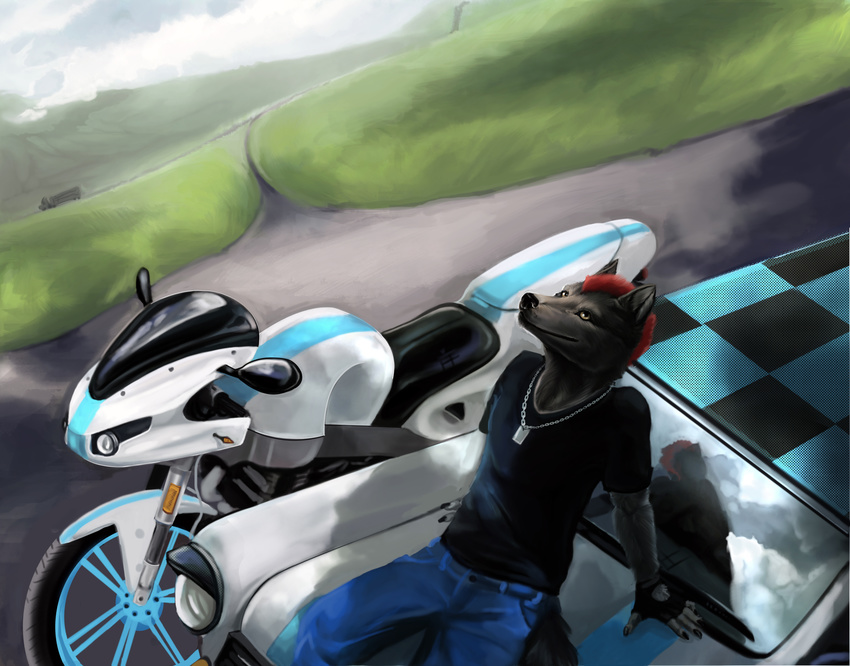 2010 alradeck anthro black_fur black_nose black_shirt blue_pants canine car clothed clothing cloud day detailed_background digital_media_(artwork) dog fur gloves grass hair looking_up male mammal motorcycle outside red_hair road shadow sitting sky smile solo spring truck vehicle wheel windshield yellow_eyes