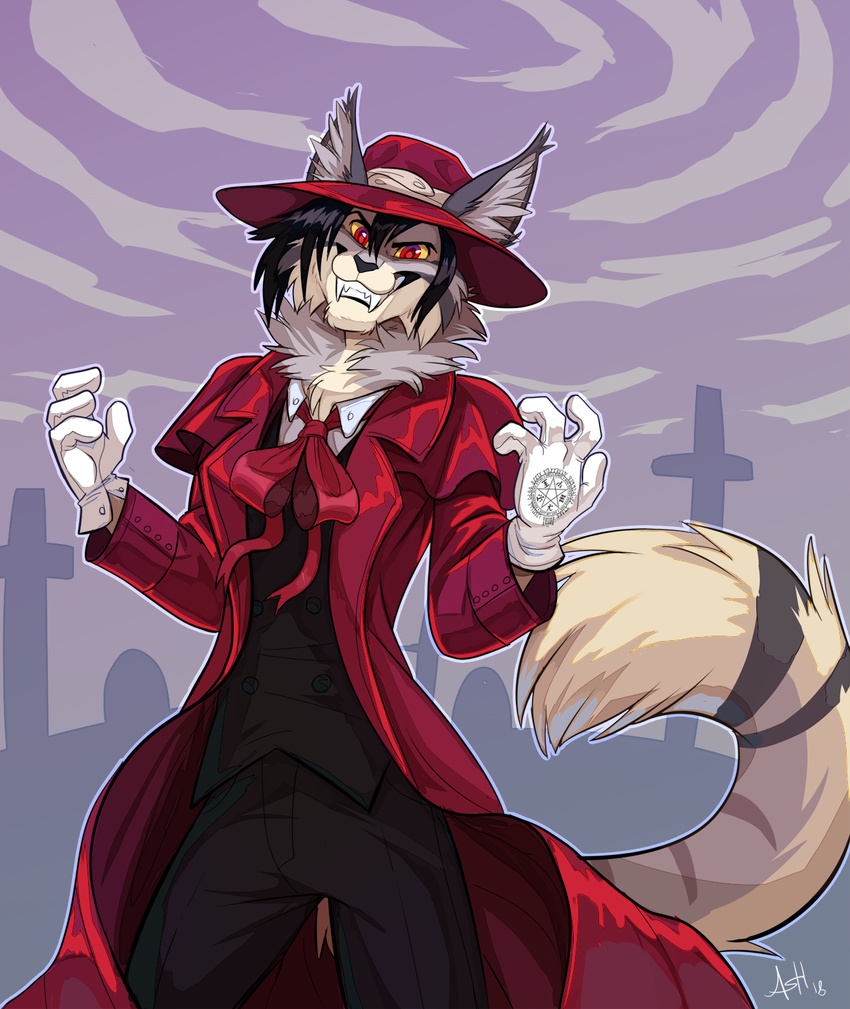 2018 4_fingers alucard_(hellsing) anthro biped black_bottomwear black_clothing black_hair black_nose black_topwear bowler_hat button_(fastener) canadian_lynx cheek_tuft clothed clothing cloud cosplay countershade_face countershade_torso countershading cravat denu digital_drawing_(artwork) digital_media_(artwork) ear_tuft evil_grin fangs feline fluffy fluffy_tail front_view fur furgonomics gloves grave graveyard grey_fur grey_tail hair hat head_tilt hellsing hi_res humanoid_hands inner_ear_fluff jacket lighting long_tail looking_at_viewer lynx magic magic_circle male mammal multicolored_fur neck_tuft open_clothing open_jacket outline outside pants portrait raised_arm red_clothing red_eyes red_topwear sharp_teeth shiny skeleion sky slim smile solo standing striped_tail stripes suit tan_countershading tan_fur tan_tail teeth three-quarter_portrait trenchcoat tuft two_tone_fur two_tone_tail yellow_sclera