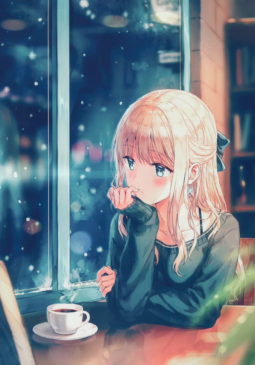 absurdres bangs blonde_hair blue_eyes blue_ribbon blurry blush bokeh bra_strap cafe chair chin_rest coffee collarbone cup depth_of_field earrings elbows_on_table eyebrows_visible_through_hair hair_ribbon half_updo hand_on_own_arm hand_on_own_chin highres hiten_(hitenkei) indoors jewelry kagurazaka_reina long_hair long_sleeves looking_away looking_out_window looking_to_the_side off_shoulder original ribbon saucer scan sitting sleeves_past_wrists snow solo steam sweater table teacup upper_body window wistful