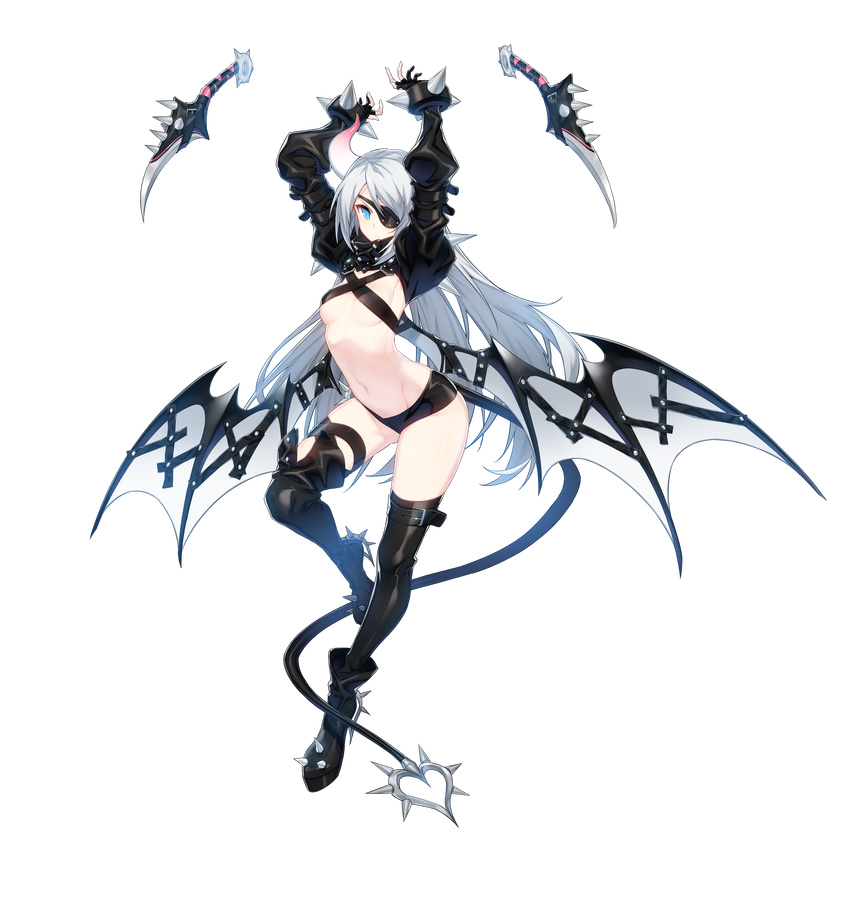 absurdres arched_back arms_up blue_eyes boots bracelet breasts closers demon_girl demon_tail eyepatch full_body highres horn jewelry knife long_hair looking_at_viewer midriff navel official_art red_star_alliance seulbi_lee short_shorts shorts silver_hair single_boot single_thigh_boot single_thighhigh small_breasts solo tail thigh_boots thighhighs transparent_background underboob very_long_hair wings