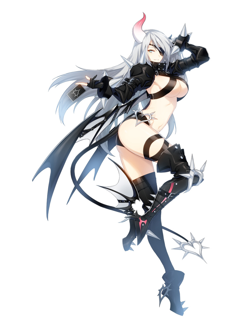 absurdres ass blue_eyes boots breasts cleavage closers demon_girl demon_tail eyepatch full_body gloves grin harpy_(closers) highres horn large_breasts leg_up long_hair midriff official_art partly_fingerless_gloves red_star_alliance sideboob silver_hair smile solo succubus tail thigh_strap transparent_background underboob very_long_hair
