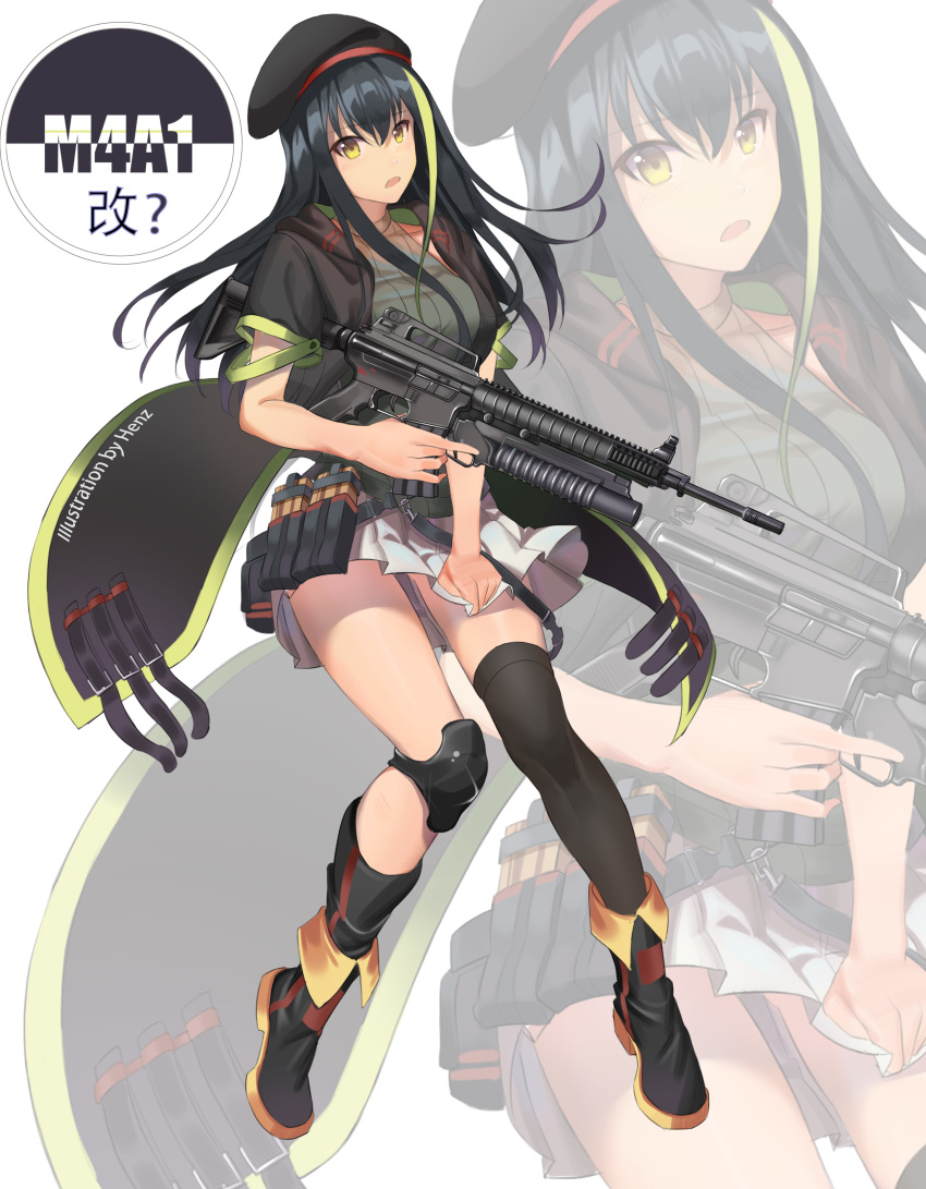 1girl absurdres alternate_costume artist_name assault_rifle asymmetrical_legwear bangs beret black_coat black_footwear black_hair black_hat black_legwear blush boots buckle character_name coat commentary_request girls_frontline green_eyes green_hair grenade_launcher gun hat henz_(86551650) highres holding holding_skirt knee_pads long_hair looking_at_viewer m4_carbine m4a1_(girls_frontline) magazine_(weapon) multicolored_hair open_mouth pleated_skirt pouch ribbed_sweater rifle sidelocks single_thighhigh skirt sleeveless sleeveless_turtleneck solo strap streaked_hair sweater thighhighs trigger_discipline turtleneck weapon white_background white_skirt zoom_layer