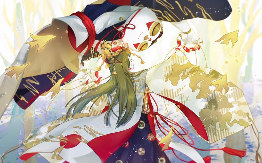 back blonde_hair closed_eyes commentary_request facial_mark hat japanese_clothes kairaishi_(onmyoji) kimono leaf lipstick long_hair makeup naive_(day) onmyoji puppet puppet_strings solo