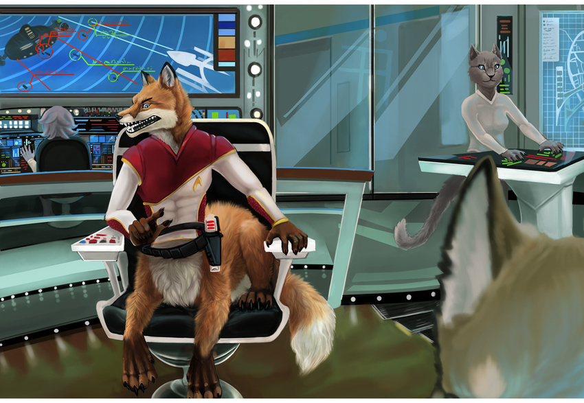 2011 5_fingers alradeck anthro barefoot breasts canine cat clothed clothing detailed_background digital_media_(artwork) feline fox fur grey_fur mammal open_mouth orange_fur star_trek taur teeth white_bars