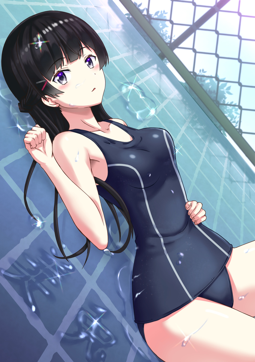 bangs black_hair black_swimsuit blunt_bangs braid chain-link_fence character_name commentary_request cowboy_shot dutch_angle fence french_braid hair_ornament hairclip highres long_hair lying mikazuki_seiyuu nijisanji old_school_swimsuit one-piece_swimsuit purple_eyes school_swimsuit solo swimsuit tsukino_mito virtual_youtuber water