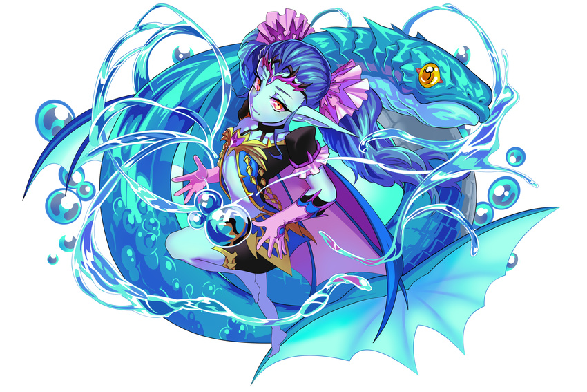 barefoot blue_hair blue_skin bubble circlet dragon_egg fish flat_chest gloves hair_ornament highres long_hair looking_at_viewer midriff pointy_ears purple_gloves red_eyes short_sleeves standing standing_on_one_leg water yasu8hasu