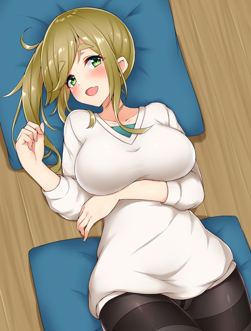 black_legwear blue_pillow blush breast_hold breasts brown_hair collarbone commentary_request etan14 eyebrows_visible_through_hair fang green_eyes highres indoors inuyama_aoi large_breasts long_hair long_sleeves looking_at_viewer lying on_back on_floor open_mouth pantyhose side_ponytail solo sweater thick_eyebrows thighband_pantyhose undershirt white_sweater wooden_floor yurucamp
