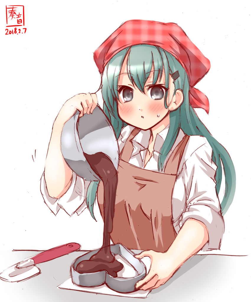 apron aqua_hair artist_logo bandana black_eyes bowl brown_apron chocolate commentary_request dated dress_shirt hair_ornament hairclip head_scarf heart heart_mold highres kanon_(kurogane_knights) kantai_collection long_hair mixing_bowl mold_(casting) plaid red_bandana shirt simple_background sleeves_rolled_up solo spatula suzuya_(kantai_collection) upper_body white_background white_shirt