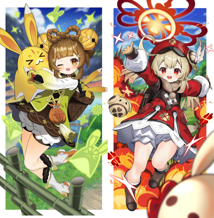 &gt;_&lt; 2girls 3others ahoge animal animal_ears arms_up bag bamboo bamboo_fence bangs basket bell beret blonde_hair bloomers blue_sky blunt_bangs blurry blurry_background blush boots border bow bow-shaped_hair branch brown_bag brown_dress brown_eyes brown_flower brown_footwear brown_gloves brown_hair brown_jacket brown_scarf bush closed_eyes closed_mouth cloud cloudy_sky day dodoco_(genshin_impact) dress explosion feathers fence fire floral_print flower flying fur-trimmed_footwear fur_trim genshin_impact gloves grass green_flower green_vest grey_eyes grey_shorts hair_bell hair_between_eyes hair_flower hair_ornament hands_up hat hat_feather hat_ornament heart highres hug jacket jumpy_dumpty klee_(genshin_impact) leaf leg_up long_sleeves looking_at_viewer looking_to_the_side mountain multicolored_clothes multicolored_jacket multiple_girls multiple_others one_eye_closed open_mouth orange_bow orange_footwear outdoors outside_border pocket pointy_ears pom_pom_(clothes) puffy_long_sleeves puffy_sleeves rabbit rabbit_ears red_bow red_eyes red_flower red_headwear red_jacket river scarf shirt short_hair short_twintails shorts sidelocks sky smile socks standing standing_on_one_leg star_(symbol) tassel teeth tongue tree twintails two-tone_footwear two-tone_fur two-tone_jacket underwear vest vision_(genshin_impact) water white_border white_dress white_footwear white_fur white_shirt white_socks yaoyao_(genshin_impact) yellow_bow yellow_flower yellow_fur yuegui_(genshin_impact) yuujin_(yuzinn333)