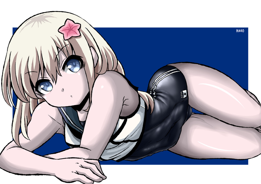 absurdres artist_name black_neckwear black_sailor_collar black_swimsuit blonde_hair blue_eyes cosplay cowboy_shot crop_top flower haho hair_flower hair_ornament highres kantai_collection looking_at_viewer lying on_side one-piece_swimsuit pale_skin ro-500_(kantai_collection) ro-500_(kantai_collection)_(cosplay) sailor_collar school_swimsuit solo swimsuit swimsuit_under_clothes u-511_(kantai_collection)