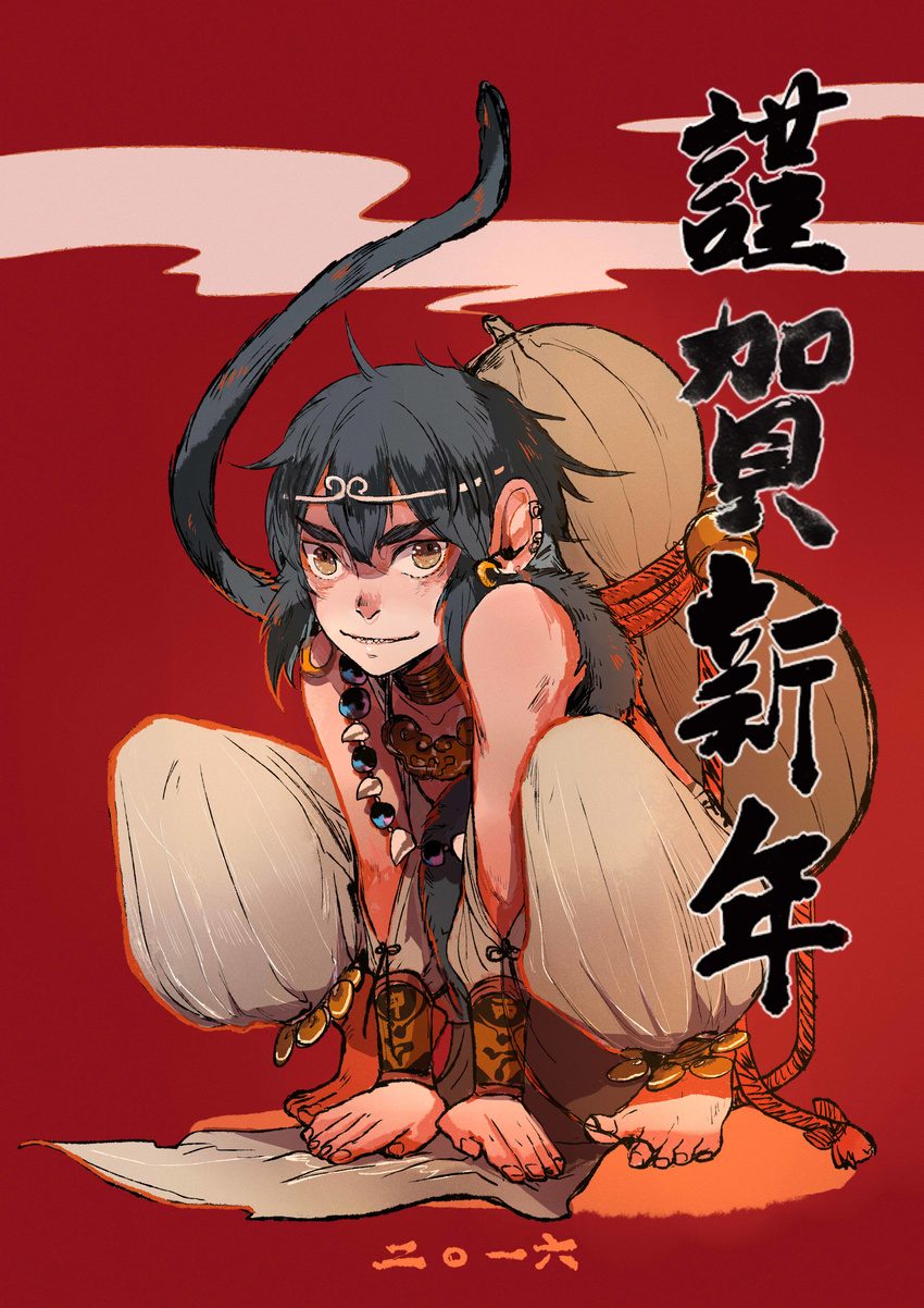 2016 ambiguous_gender animal_humanoid anklet armor bell black_fur black_hair bracers brown_hair chinese_new_year chinese_text circlet clothed clothing crouching ear_piercing front_view fully_clothed fur gourd hair harem_pants holidays humanoid jewelry looking_at_viewer mammal monkey_humanoid necklace new_year pants piercing pose red_background simple_background smile solidcolorart solo text translated year_of_the_monkey