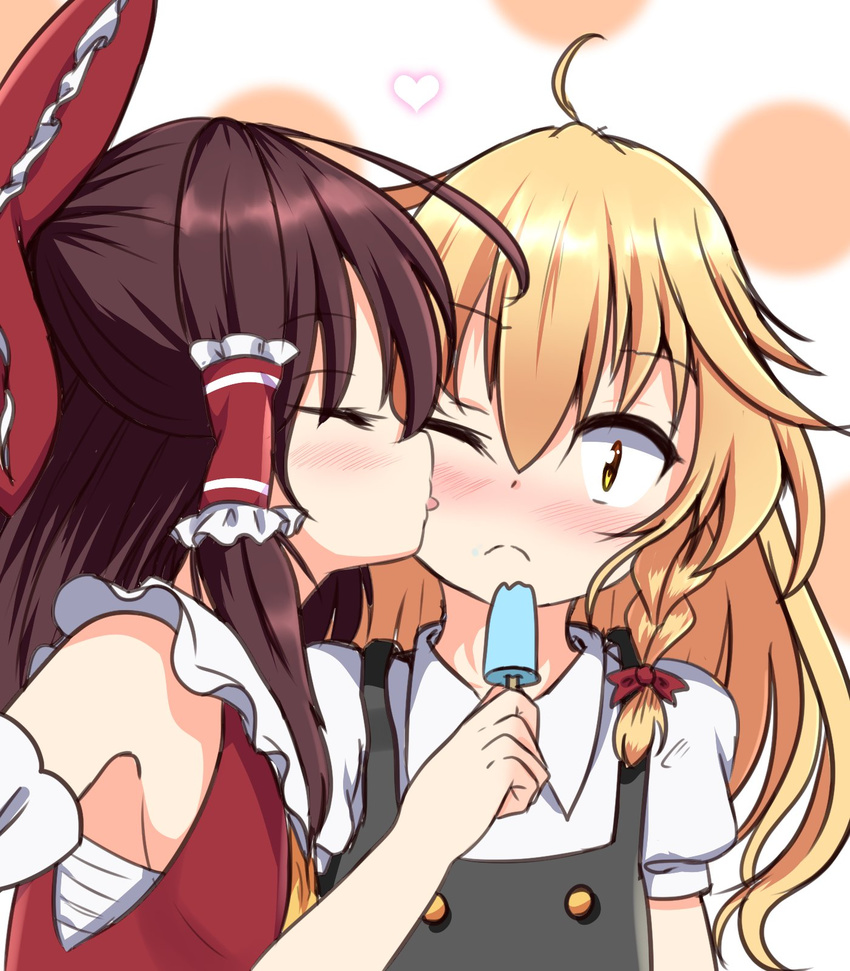 ;( ahoge bare_shoulders black_dress blonde_hair blush bow braid breasts closed_eyes closed_mouth detached_sleeves dress eating eyebrows_visible_through_hair face_licking food food_on_face hair_bow hair_ribbon hair_tubes hakurei_reimu head_tilt heart highlights highres holding holding_food imminent_kiss kirisame_marisa licking long_hair multicolored_hair multiple_girls no_hat no_headwear nose_blush pinafore_dress polka_dot polka_dot_background popsicle profile puffy_short_sleeves puffy_sleeves rankasei red_bow red_ribbon ribbon shirt short_sleeves sideboob sidelocks small_breasts tareme tongue tongue_out touhou upper_body white_shirt wide-eyed yellow_eyes yuri