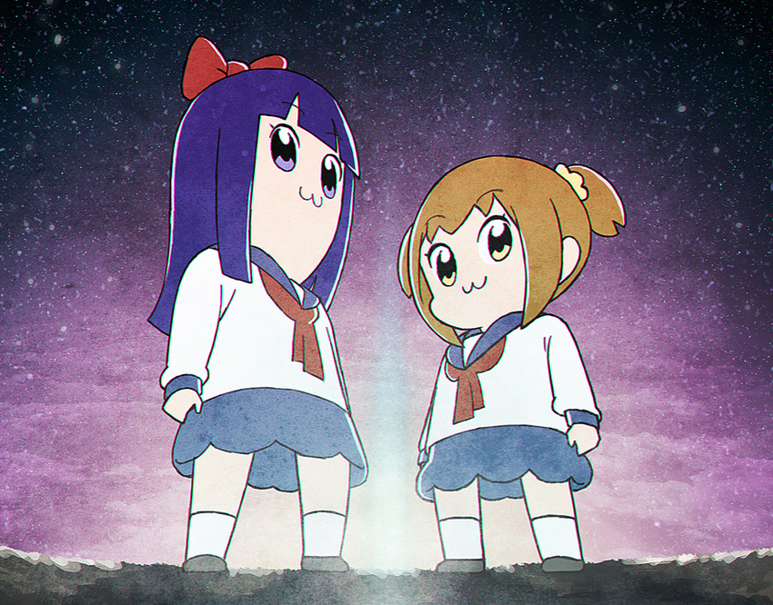 :3 arms_at_sides bad_id bad_pixiv_id bangs bkub_(style) black_footwear black_sky blonde_hair blue_eyes blue_sailor_collar blue_skirt blunt_bangs bow brown_hair closed_mouth commentary_request eyebrows_visible_through_hair full_body giantess gradient_sky hair_bow long_hair long_sleeves multiple_girls neckerchief night night_sky otomika parody pipimi poptepipic popuko purple_sky red_bow red_neckwear sailor_collar shirt short_hair skirt sky socks standing star_(sky) starry_sky style_parody two_side_up white_legwear white_shirt yellow_eyes