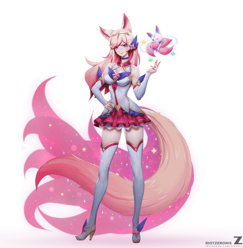 ahri animal_ears bangs banned_artist bare_shoulders blonde_hair breasts choker detached_sleeves familiar fox_ears fox_girl fox_tail full_body guardian hair_ornament highres league_of_legends long_hair looking_at_viewer magical_girl paul_kwon purple_eyes shirt skirt smile solo source_request standing star star_guardian_ahri tail thighhighs