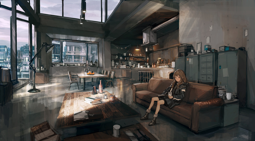 bare_legs brown_hair building chair city closed_mouth couch cup day drinking_glass food fruit highres holding holding_cup hood hood_down hooded_jacket indoors jacket kitchen lavender_quartz living_room lm7_(op-center) long_hair long_sleeves looking_down on_couch open_clothes open_jacket orange_eyes original scenery shirt sitting skirt solo table torabishi_lana window