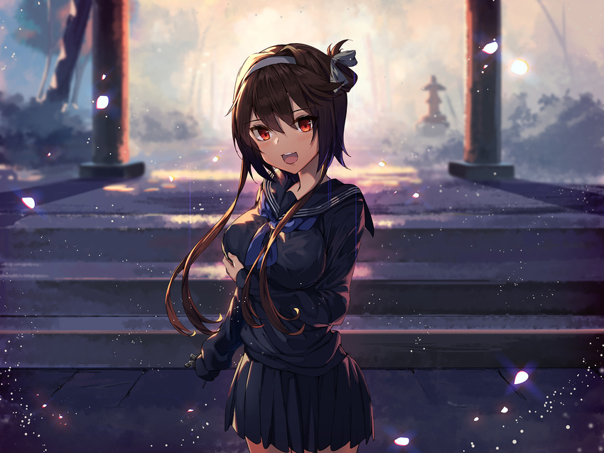 arm_at_side bangs black_serafuku blurry blurry_background breast_hold breasts brown_hair cowboy_shot ginon_(sjyh3466) girls_frontline hairband head_tilt highres long_hair looking_at_viewer medium_breasts neckerchief open_mouth petals pleated_skirt red_eyes sailor_collar school_uniform serafuku shinto sidelocks skirt sleeves_past_wrists solo stairs standing stone_torii torii type_79_(girls_frontline) uniform