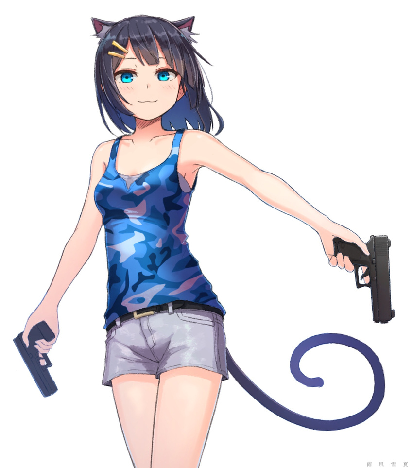 :3 amekaze_yukinatsu animal_ears bangs bare_arms bare_shoulders black_hair blue_eyes blue_tank_top blush camouflage camouflage_tank_top cat_ears cat_girl cat_tail closed_mouth collarbone commentary dual_wielding glock grey_shorts gun hair_ornament hairclip handgun highres holding holding_gun holding_weapon looking_at_viewer original pistol short_hair short_shorts shorts simple_background solo tail tank_top trigger_discipline weapon weapon_request white_background