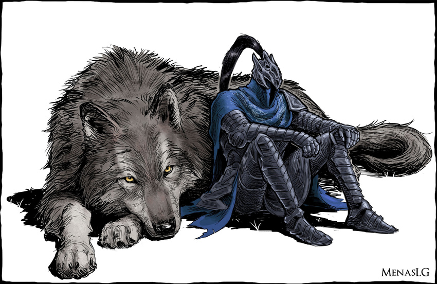 armor artorias canine dark_souls duo great_grey_wolf_sif human mammal menaslg simple_background video_games white_background wolf