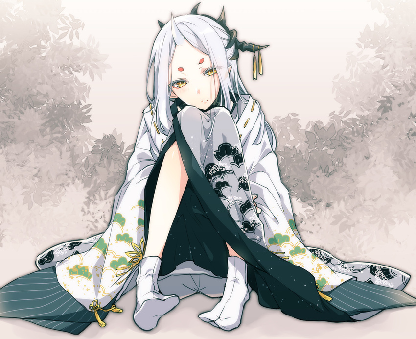 ang blush grey_background hair_ornament horn japanese_clothes kimono leaf long_hair male_focus no_shoes onmyoji pointy_ears sitting socks solo tabi white_hair yellow_eyes youkinshi_(onmyoji)