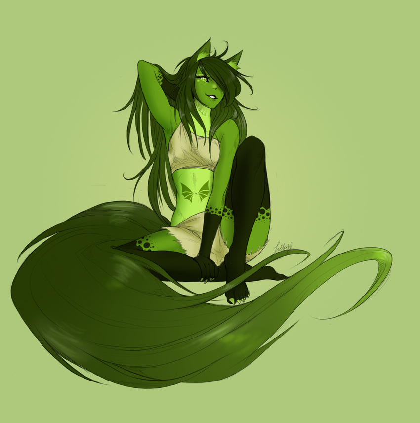 animal_humanoid claws clothing female fox_humanoid green_body green_claws green_ears green_eyes green_hair green_markings green_nose green_skin green_tail hair humanoid licheart long_hair markings noxxi noxxi_greenrose noxxian original_character_do_not_steal solo