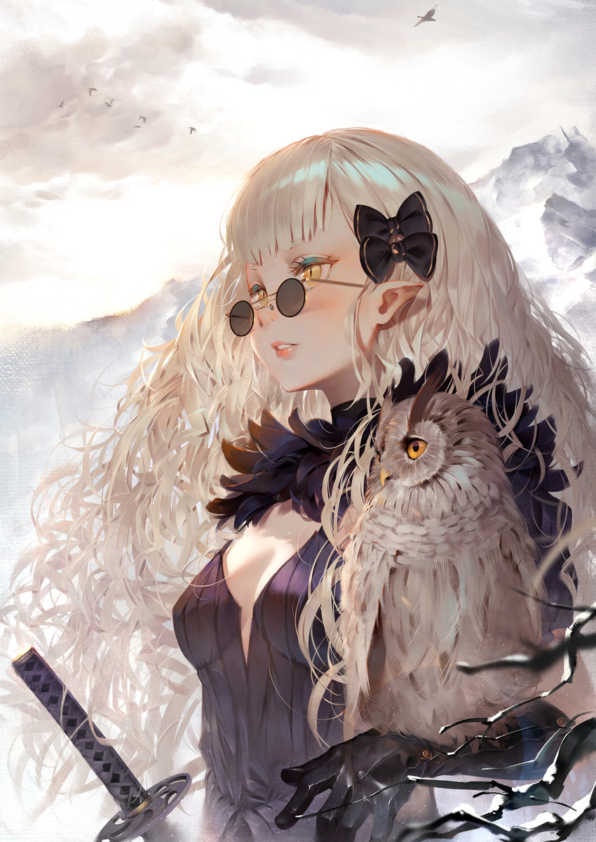 absurdres bangs bird black_gloves blonde_hair blunt_bangs blush bow branch breasts commentary gloves hair_bow highres katana long_hair looking_to_the_side md5_mismatch messy_hair mountain original outdoors owl parted_lips pointy_ears ribbed_sweater round_eyewear slit_pupils small_breasts solo sunglasses sweater sword toriumi_harumi upper_body weapon yellow_eyes
