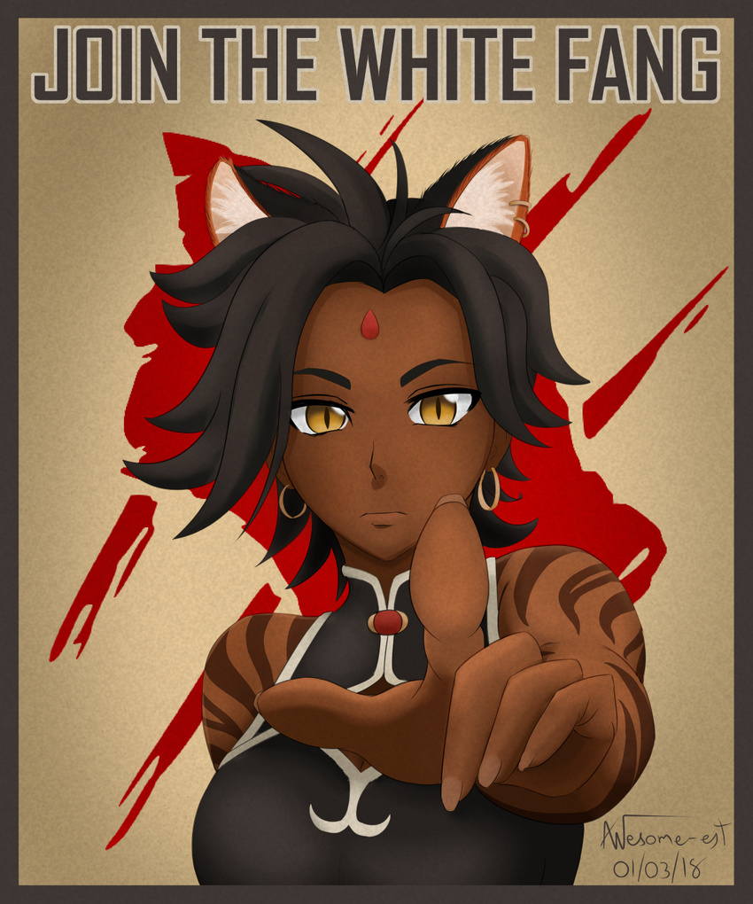 1girl animal_ears awesome-est black_hair dark_skin looking_at_viewer pointing_at_viewer rwby short_hair sienna_khan stripes tiger_ears yellow_eyes