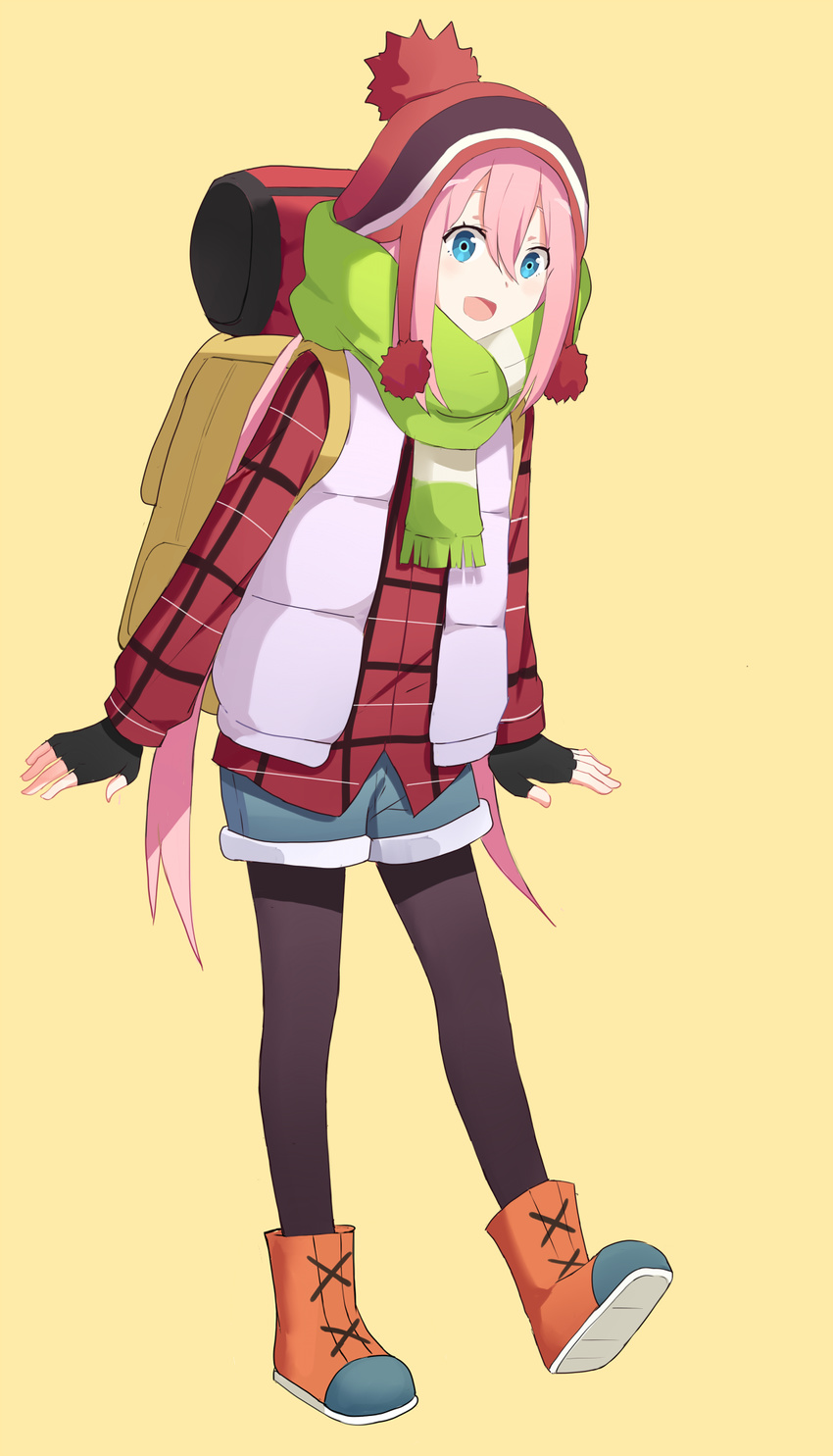 backpack bag black_legwear blue_eyes blush boots fingerless_gloves gloves hair_between_eyes hat highres kagamihara_nadeshiko kenkaizar leaning_forward legwear_under_shorts long_hair looking_at_viewer open_mouth outstretched_wrists pantyhose pantyhose_under_shorts pink_hair plaid plaid_shirt scarf shirt shorts solo very_long_hair vest walking yellow_background yurucamp