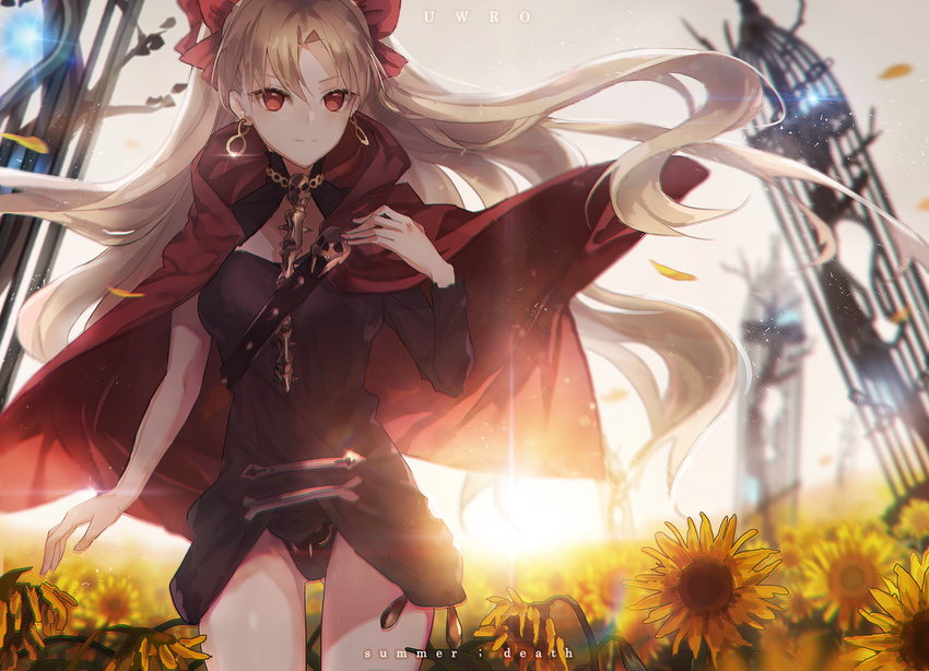 black_dress blonde_hair cape commentary_request dress ereshkigal_(fate/grand_order) fate/grand_order fate_(series) flower hair_ribbon highres light_smile long_hair md5_mismatch petals red_cape red_eyes ribbon short_dress single_sleeve skull solo spine sunflower two_side_up uwro