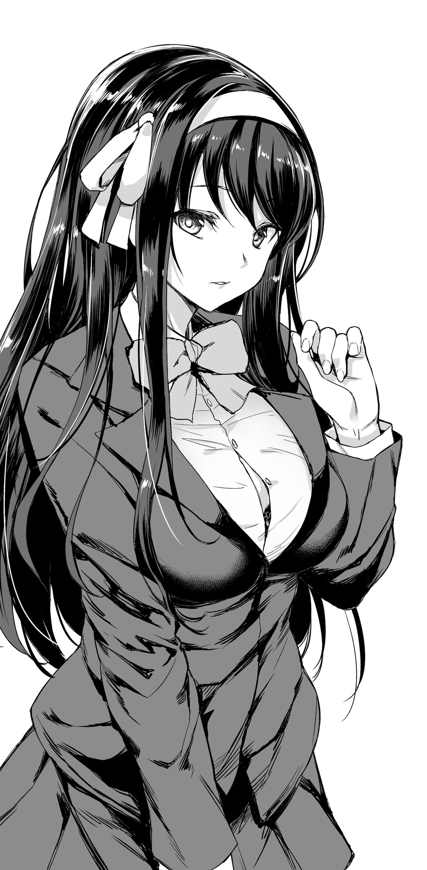 absurdres blazer bow breasts commentary_request greyscale hair_ribbon highres jacket kouyouen_academy_uniform large_breasts long_hair monochrome mushi024 ribbon school_uniform solo suzumiya_haruhi suzumiya_haruhi_no_shoushitsu suzumiya_haruhi_no_yuuutsu