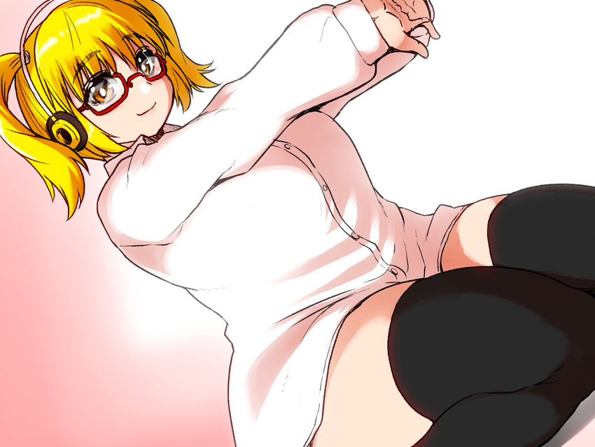 bespectacled black_legwear blonde_hair blush breasts brown_eyes collared_shirt commentary_request cracking_knuckles curvy glasses headphones isuna large_breasts long_sleeves nitroplus plump semi-rimless_eyewear shirt sitting smile solo stretch super_pochaco thick_thighs thighhighs thighs twintails twintails_day under-rim_eyewear wariza