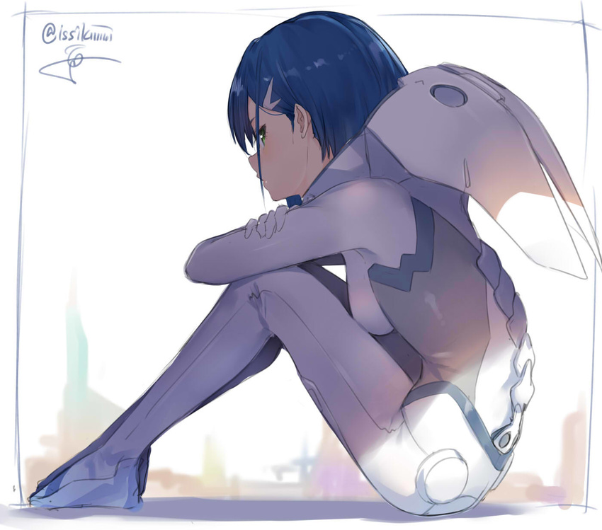 arm_rest blurry blurry_background blush bodysuit braid breasts closed_mouth darling_in_the_franxx from_side full_body hair_ornament hairclip hand_on_own_arm highres ichigo_(darling_in_the_franxx) isshiki_(ffmania7) knees_up looking_at_viewer looking_to_the_side pilot_suit profile short_hair sideways_glance signature sitting skin_tight small_breasts solo spine twin_braids white_bodysuit