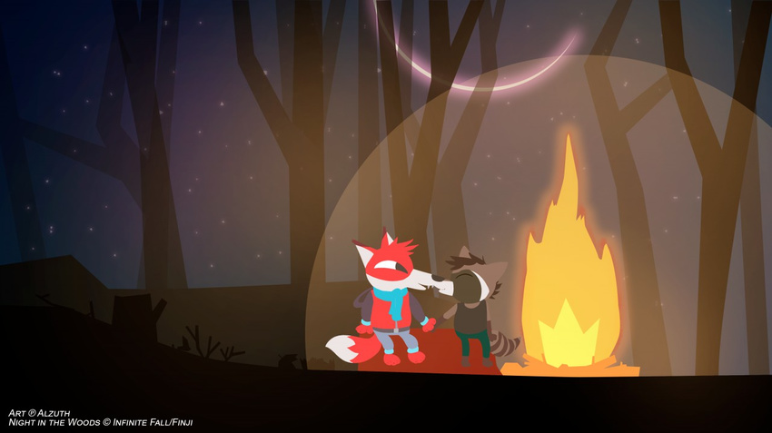 2018 alec alzuth anthro bonfire brazil brown_fur canine clothed clothing couple_(disambiguation) cute detailed_background digital_media_(artwork) duo fox fur hair hand_holding hi_res male mammal night_in_the_woods outside procyonid raccoon shoki sky smile star starry_sky tanuki teeth video_games