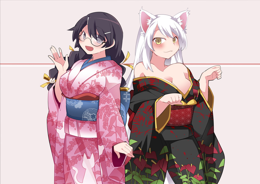 :3 animal_ears bakemonogatari bare_shoulders black_hair black_hanekawa black_kimono blush braid breasts cat_ears cat_hair_ornament cleavage dual_persona glasses hair_ornament hairclip hammer_(sunset_beach) hanekawa_tsubasa japanese_clothes kimono large_breasts long_hair monogatari_(series) multiple_girls open_mouth paw_pose pink_kimono purple_eyes slit_pupils twin_braids very_long_hair white_hair yellow_eyes