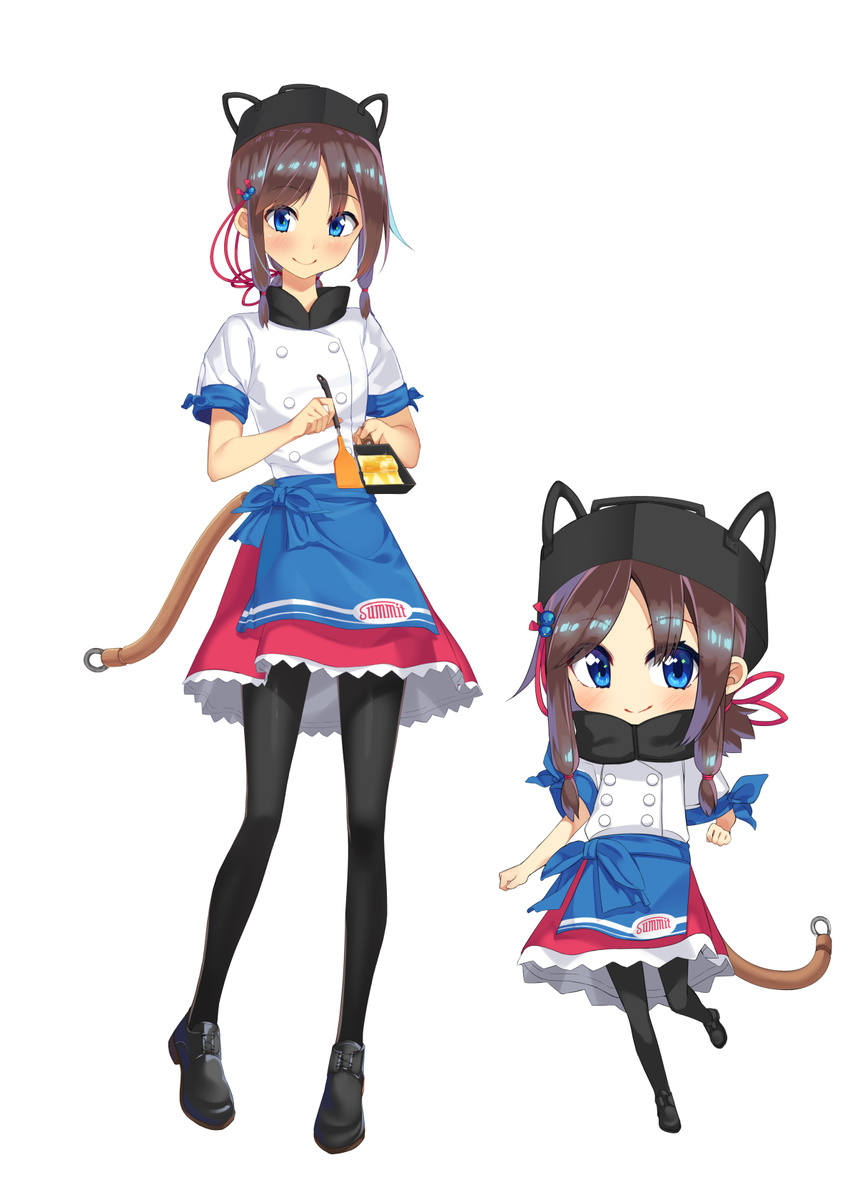 animal_ears animal_hat apron bangs black_footwear black_hat black_legwear blue_apron blue_bow blue_eyes blush bow brown_hair cat_ears cat_hat chibi closed_mouth commentary_request eyebrows_visible_through_hair hat highres holding long_hair looking_at_viewer low_ponytail multiple_views original pantyhose parutoneru personification ponytail red_skirt shirt shoes short_sleeves sidelocks skirt smile standing standing_on_one_leg tail white_shirt