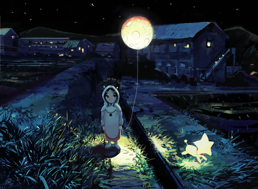 antennae balloon bayashiko black_eyes black_hair commentary_request glowing grass hood hood_up long_sleeves looking_to_the_side night night_sky original outdoors rice_paddy riverbank shoes sky solo standing star star_(sky) starry_sky village white_footwear