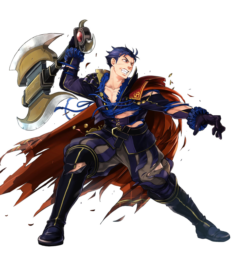 armads axe blue_eyes blue_hair cape fire_emblem fire_emblem:_rekka_no_ken fire_emblem_heroes full_body hector_(fire_emblem) highres male_focus official_art pants shirt solo suekane_kumiko torn_boots torn_cape torn_clothes torn_pants torn_shirt torn_sleeves transparent_background weapon