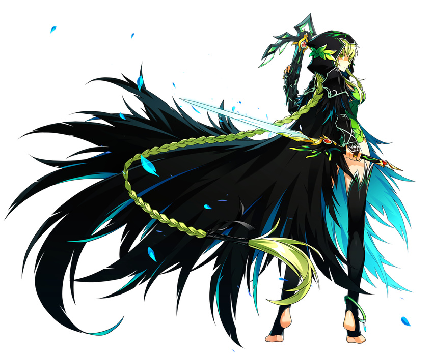 anklet artist_request barefoot black_cape black_legwear bow_(weapon) braid bridal_gauntlets cape crossbow dress dual_wielding elsword expressionless full_body green_dress green_eyes green_hair holding holding_sword holding_weapon hood jewelry legs long_hair looking_at_viewer official_art rena_(elsword) reverse_grip solo standing stirrup_legwear sword thighhighs tiptoes toeless_legwear transparent_background twilight_(elsword) weapon zettai_ryouiki