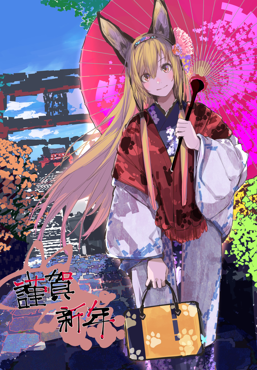 animal_ears bag bangs blue_kimono character_request closed_mouth commentary_request day floral_print fox_ears fringe_trim hair_between_eyes hand_up handbag head_tilt highres holding holding_bag holding_umbrella japanese_clothes kimono kiriyama long_hair long_sleeves looking_at_viewer orange_eyes orange_hair oriental_umbrella original outdoors over_shoulder partial_commentary paw_print_pattern pink_umbrella print_kimono print_umbrella red_shawl shawl sidelocks smile solo translation_request umbrella