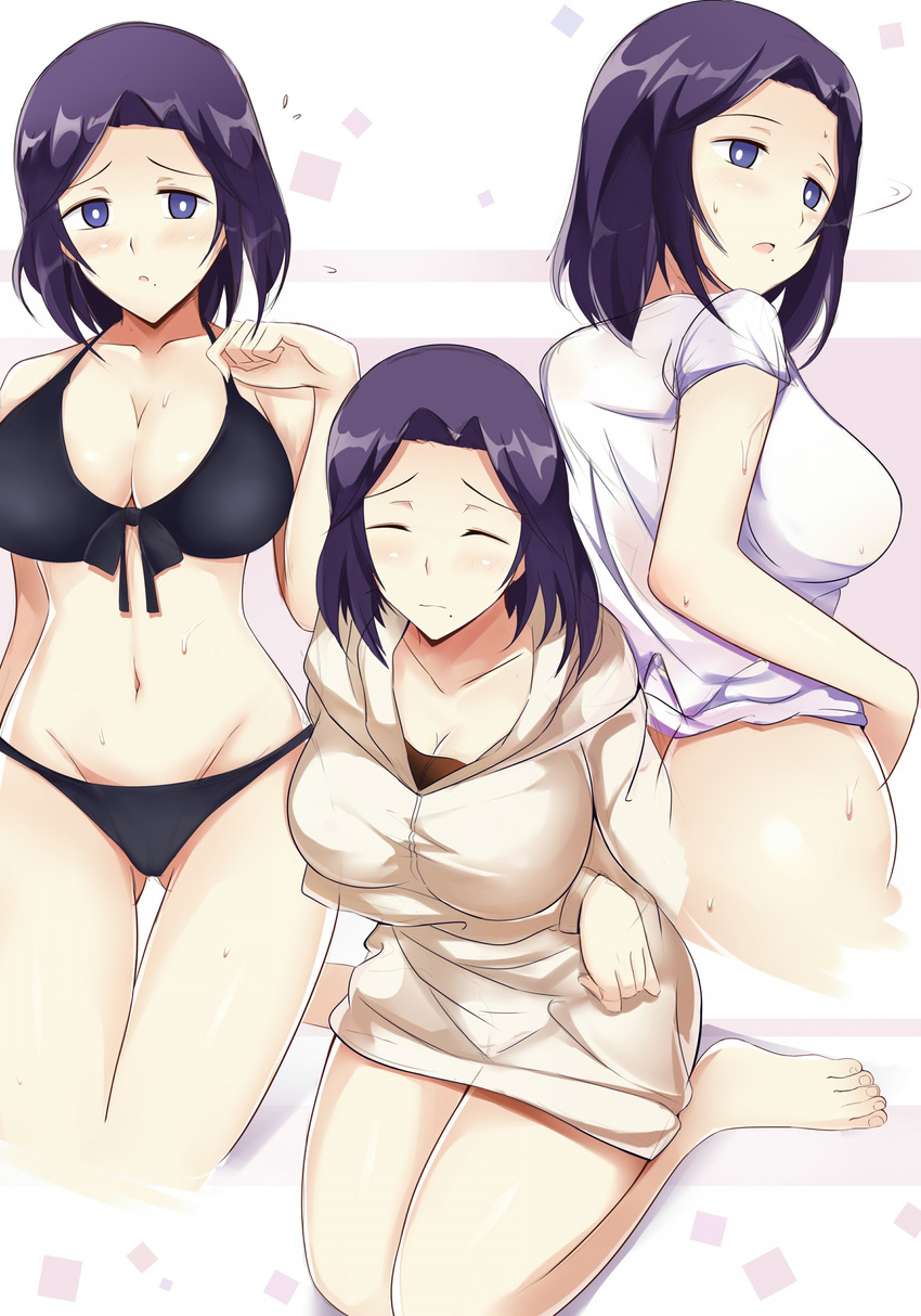 absurdres bare_shoulders bikini black_bikini blush breasts cleavage closed_eyes collarbone commentary_request front-tie_bikini front-tie_top highres large_breasts looking_at_viewer mole mole_under_mouth morioka_moriko multiple_views navel netojuu_no_susume otono_fei purple_eyes purple_hair short_hair smile swimsuit