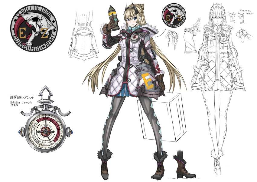 absurdres arms_at_sides bangs blonde_hair bomb boots brown_gloves character_sheet coat emblem eyebrows_visible_through_hair full_body fur_trim gloves hair_bun hair_ornament hairband half_updo highres holding holding_weapon honjou_raita hood hood_down hooded_coat long_hair long_sleeves looking_at_viewer multicolored multicolored_clothes multicolored_legwear multiple_views official_art pantyhose partially_colored pleated_skirt reiley_miller senjou_no_valkyria senjou_no_valkyria_4 simple_background skirt smile standing translation_request watch weapon white_background winter_clothes