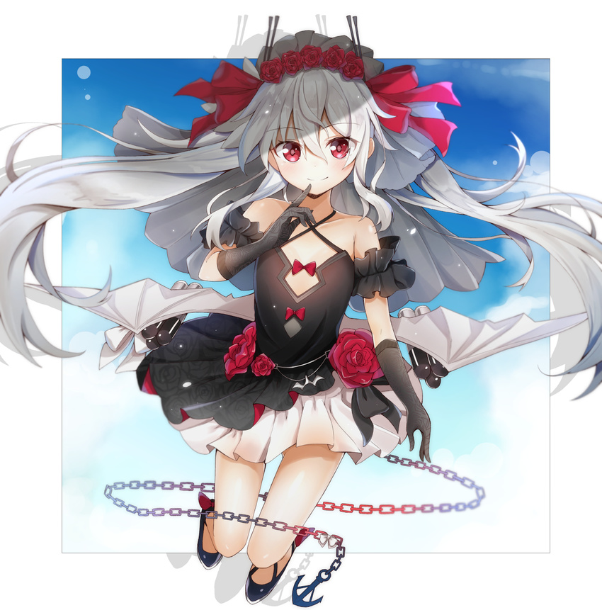 azur_lane bangs bare_shoulders bat_wings black_dress black_footwear black_gloves blue_sky bow bridal_veil chain closed_mouth cloud collarbone commentary_request criss-cross_halter dress elbow_gloves eyebrows_visible_through_hair finger_to_mouth flower full_body gloves grey_wings hair_between_eyes hair_bow hair_flower hair_ornament halterneck highres himemiya_shuang long_hair looking_at_viewer metal_wings red_bow red_eyes red_ribbon ribbon shoes silver_hair sky smile solo vampire_(azur_lane) veil very_long_hair wings