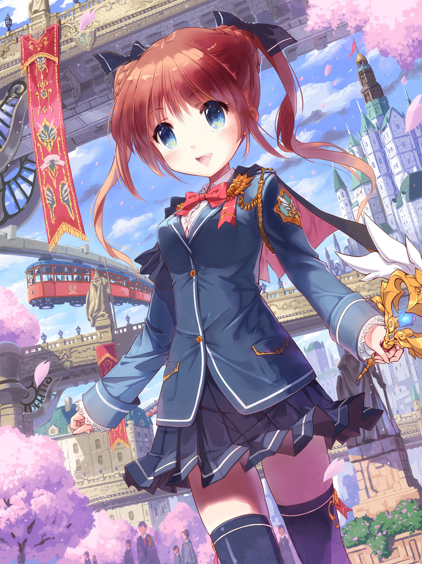 :d absurdres black_legwear blazer blue_eyes blue_sky bow bowtie brown_hair capelet castle cherry_blossoms cloud cloudy_sky commentary_request day hair_ribbon highres holding jacket kankurou long_hair looking_at_viewer monorail open_mouth original petals pleated_skirt ribbon school_uniform skirt sky smile solo_focus statue thighhighs twintails wand zettai_ryouiki