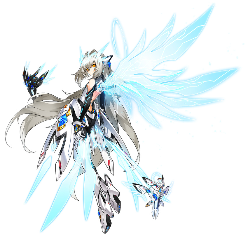 artist_request bangs blue_wings boots code:_sariel_(elsword) elbow_gloves elsword eve_(elsword) expressionless full_body gloves hair_intakes long_hair looking_at_viewer moby_(elsword) official_art remy_(elsword) robot solo transparent_background white_footwear white_hair wings yellow_eyes