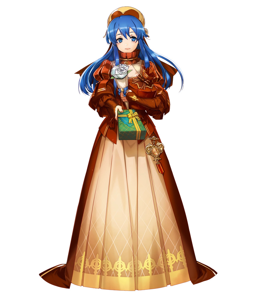 blue_eyes blue_hair box bunbun choker dress fire_emblem fire_emblem:_fuuin_no_tsurugi fire_emblem_heroes flower full_body gift gift_box hat highres holding holding_gift juliet_sleeves lilina long_dress long_hair long_skirt long_sleeves looking_at_viewer official_art open_mouth puffy_sleeves ribbon rose skirt solo transparent_background white_flower white_rose