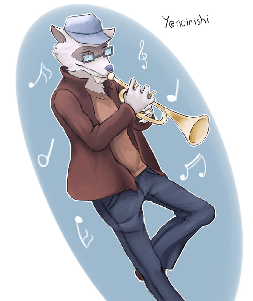 cole_(nitw) eyewear glasses male mammal musical_instrument night_in_the_woods procyonid raccoon simple_background trumpet yonoirishi