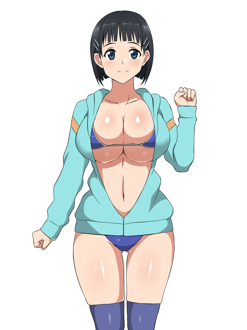 arm_at_side ass_visible_through_thighs bangs bikini bikini_under_clothes black_hair blue_bikini blue_eyes blue_jacket blue_legwear blunt_bangs blush breasts cleavage collarbone groin hair_ornament hairclip hand_up highres jacket kagemusha kirigaya_suguha large_breasts long_sleeves looking_at_viewer navel open_clothes open_jacket shiny shiny_skin short_hair simple_background skindentation solo stomach string_bikini swimsuit sword_art_online tareme thighhighs thighs track_jacket underboob white_background